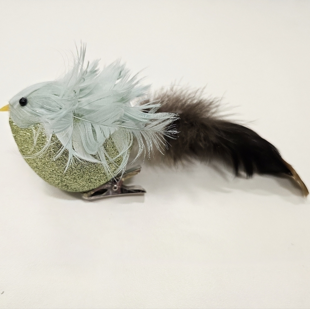 RARE Vintage Bird Clip with Teal Blue and Brown Feathers and Glittered Body